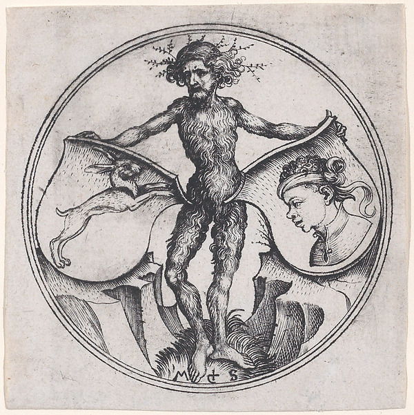 Martin Schongauer, Wild Man Holding a Shield with a Hare and a Shield with a Moor's Head