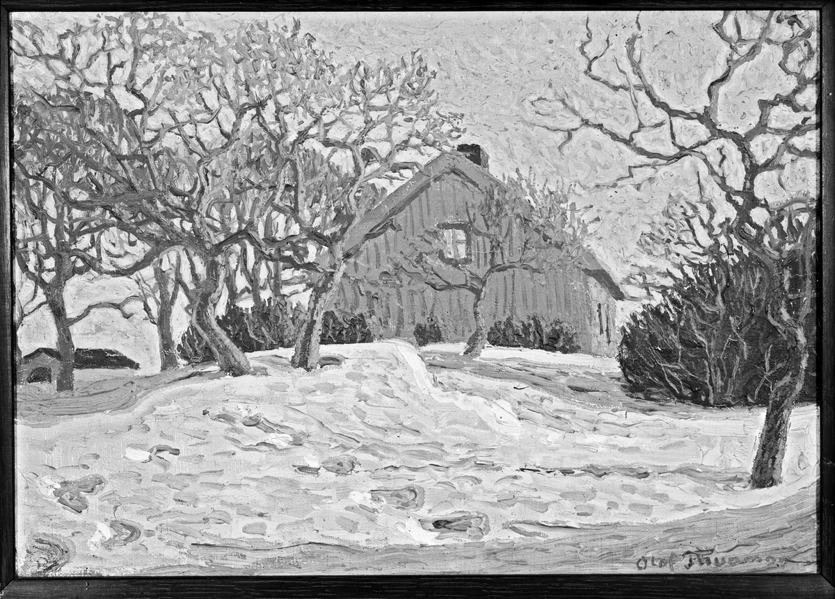 Paul Sandberg, Konstverk - oljemålning med vintermotiv från Ängerås gård, Varnhem, signerad av konstnären Olof Thunman, fotograferad 1942