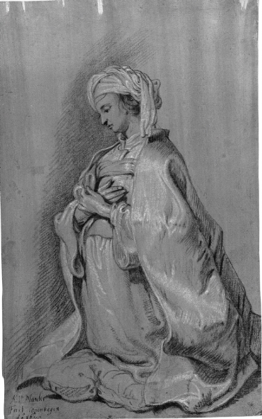 Karel van Mander III, Knælende figur på en pude med turban. Vendt mod venstre. Hændene foldet over brystet.