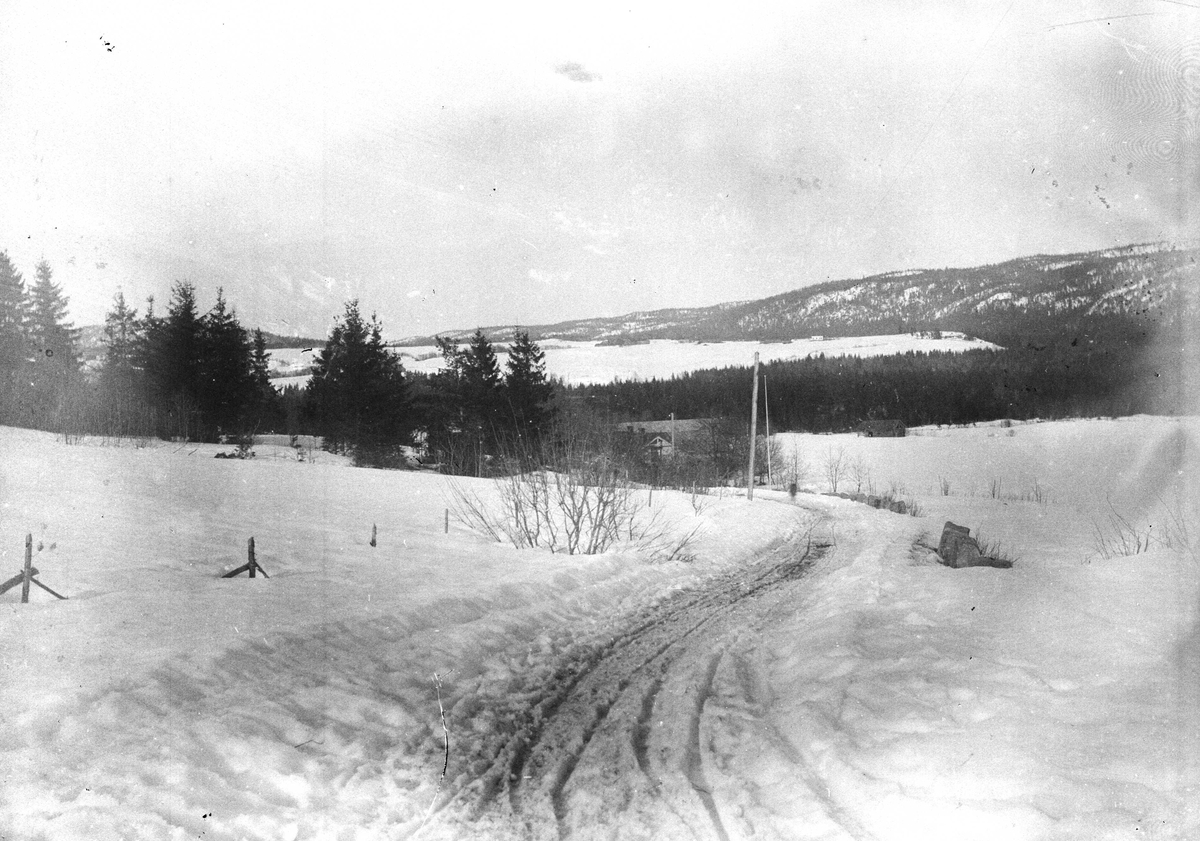 Juliane Fredrikke Langberg, Landskap, fra Hurum eller Rakkestad (ant.), utsyn over landlig område med skog, åpne partier og veiparti i forgrunnen. Fotografens svoger var sokneprest disse stedene. Fra malerinne Juliane Fredrikke Langbergs (1856-1930) samling, tatt ca.1895-1910 med motivkrets slekt og venner samt steder tilknyt…