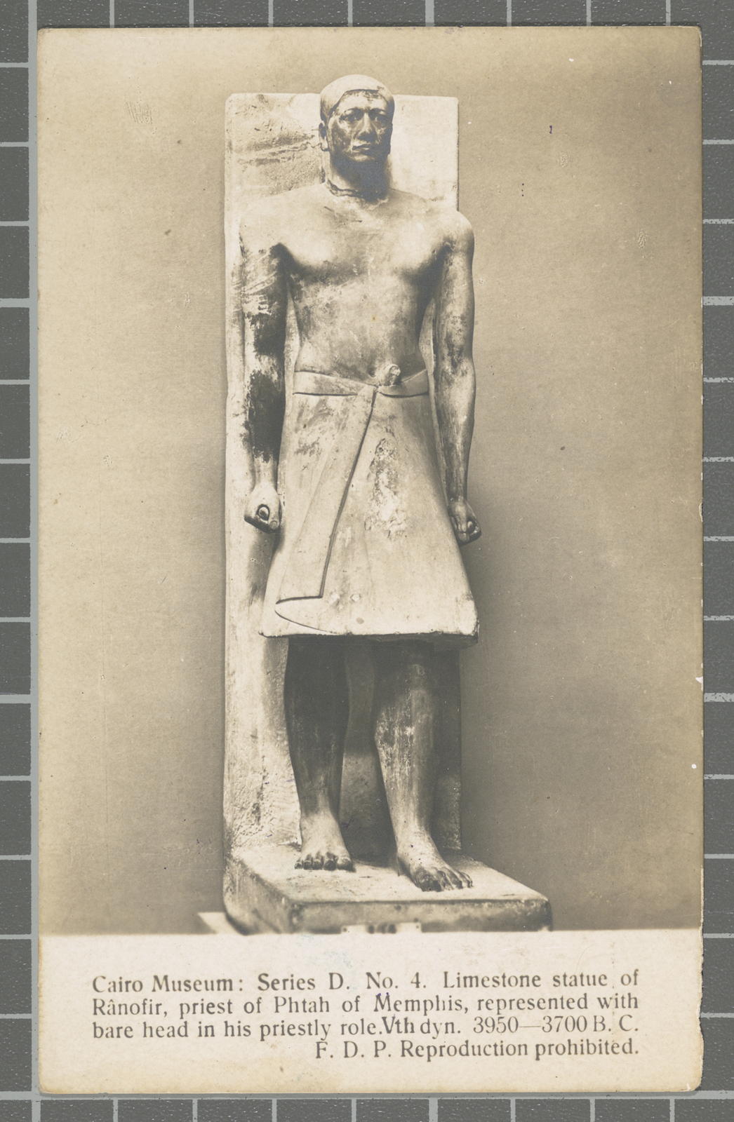 Desconegut, Cairo Museum: Series D. No. 4. Limestone of Rânofir, represented Phtah of Memphis, represented with bare head in his prime.