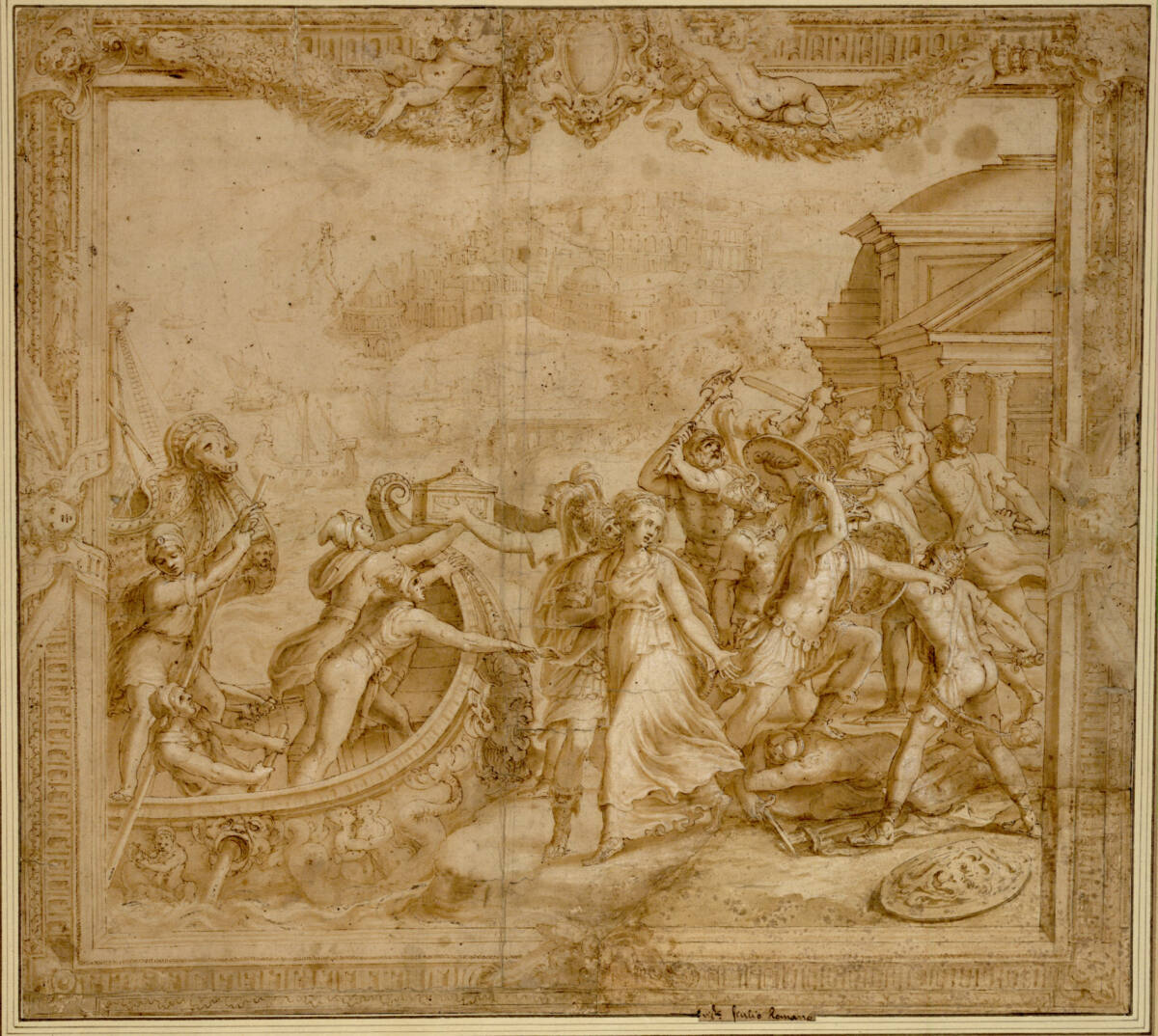 Anonym, Der Raub der Helena, umrahmt in der Manier einer Tapisserie (Appollodor, Bibliothek III, p. 126-129)