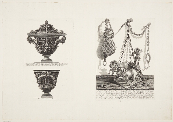 Giovanni Battista Piranesi, En urne, set fra to vinkler, samt to bronzelamper, hvoraf en er formet som en vogn, trukket af to tyre og med Diana som vognstyrer