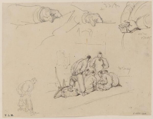 George Chinnery, Drawings of a group of Chinese men, clasped hands, and a hand holding paper