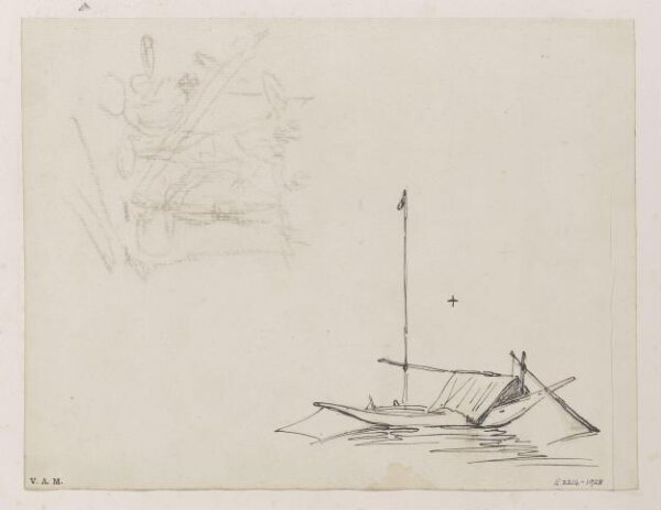 George Chinnery, Two drawings: a small tethered boat, and a sketch of figures with utensils