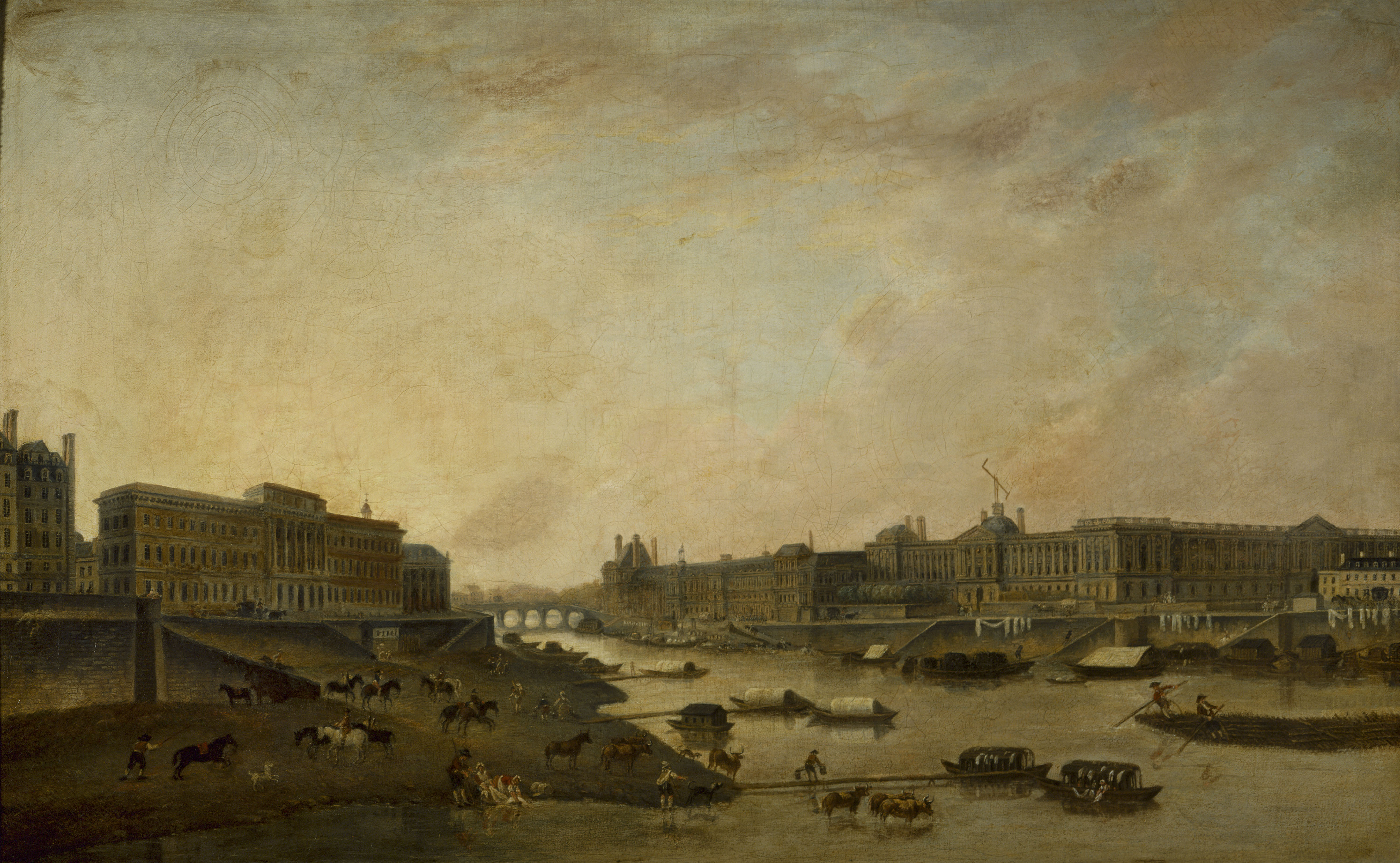 Pierre-Antoine Demachy, L'Hôtel de la Monnaie et le Louvre, vus du Pont-Neuf, vers 1800