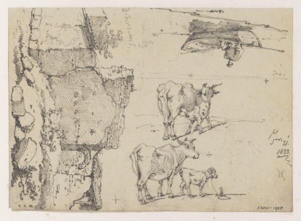 George Chinnery, A ruined building, cattle, and a figure in a boat