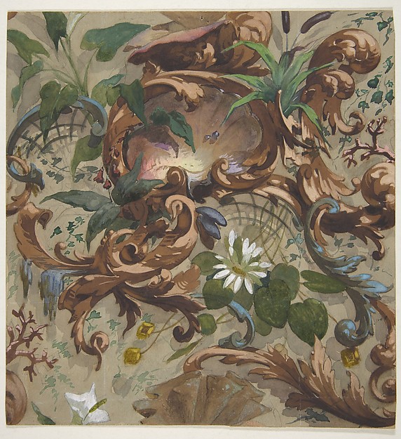 Jules-Edmond-Charles Lachaise, Design for wallpaper featuring shells, waterlilies, and cattails
