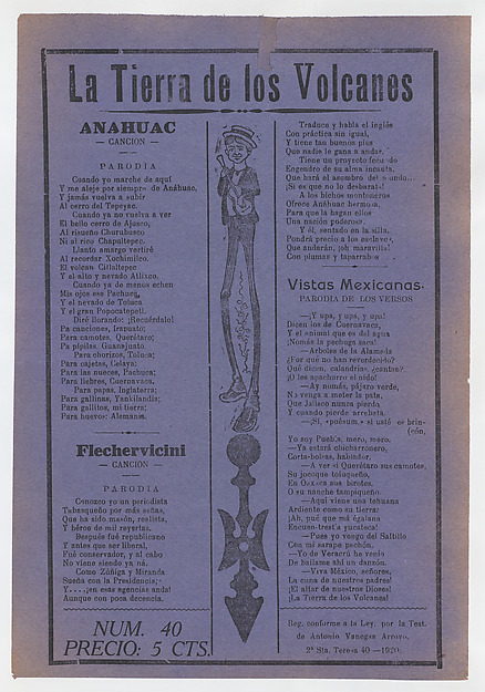 José Guadalupe Posada, Broadsheet with comic ballads about Mexico, figure with long legs playing the guitar