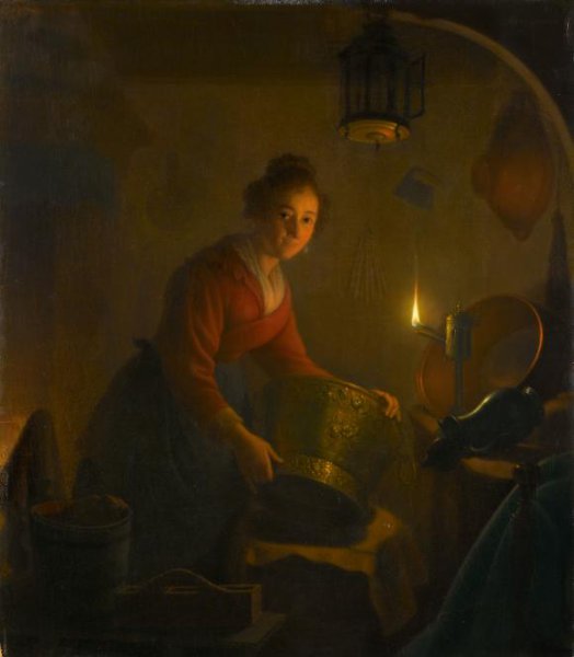 Michiel Versteegh, A Woman in a Kitchen by Candlelight