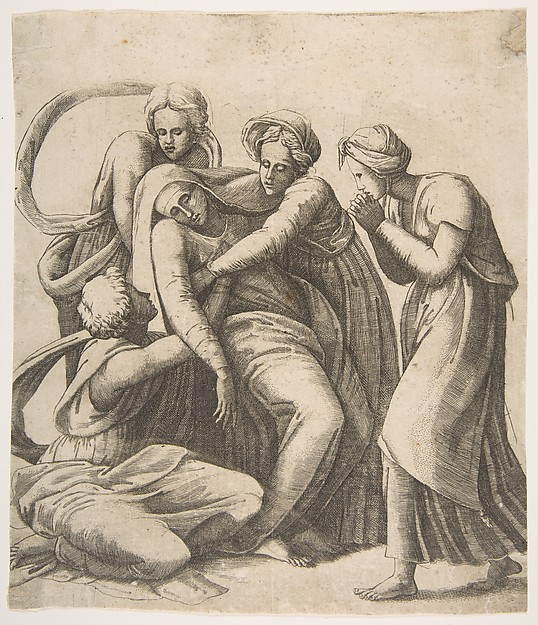 Giulio Bonasone, The Virgin fainting and being supported in the arms of the holy women