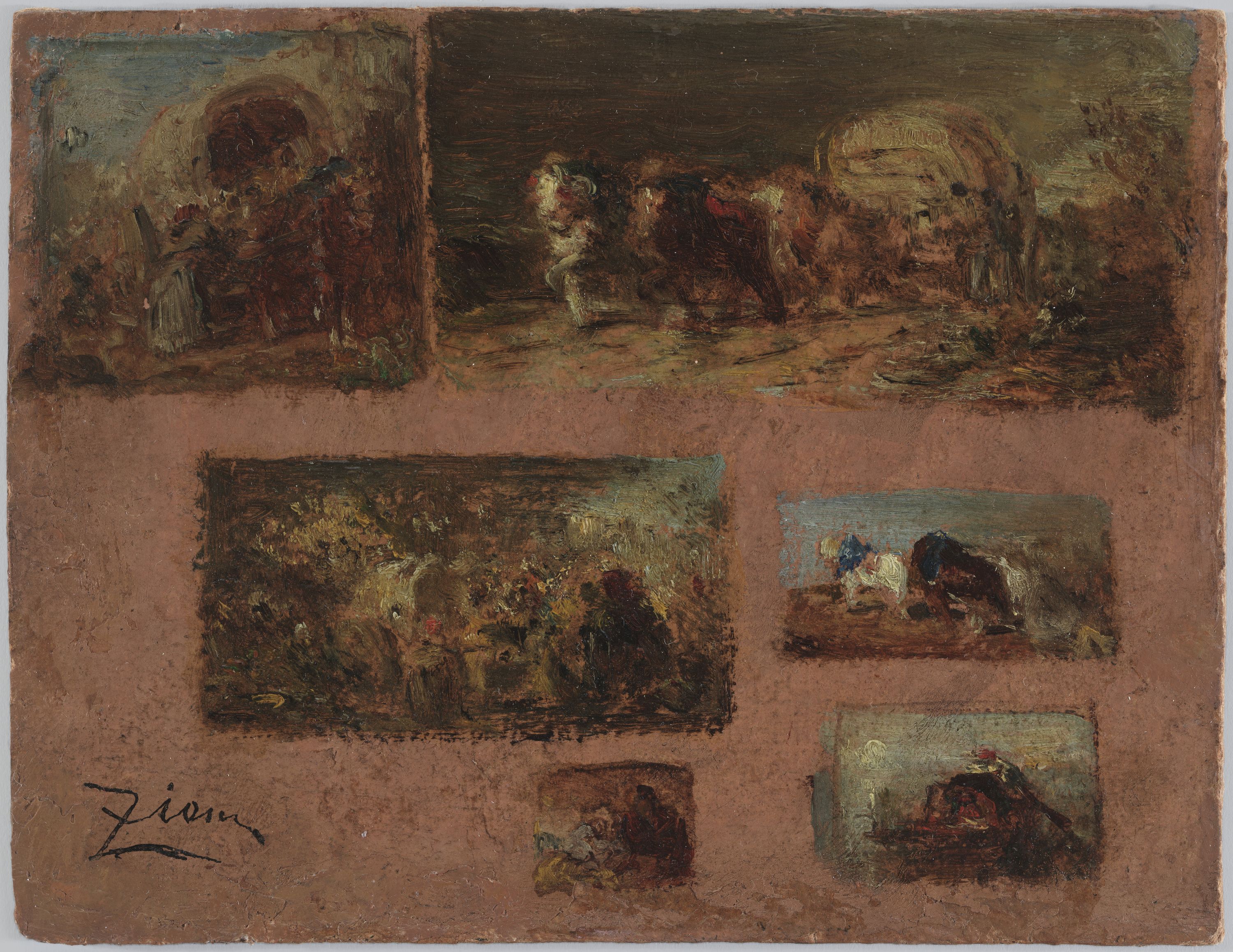 Félix Ziem, Panneau de six études de chariot (au recto) ; Paysage (au verso)