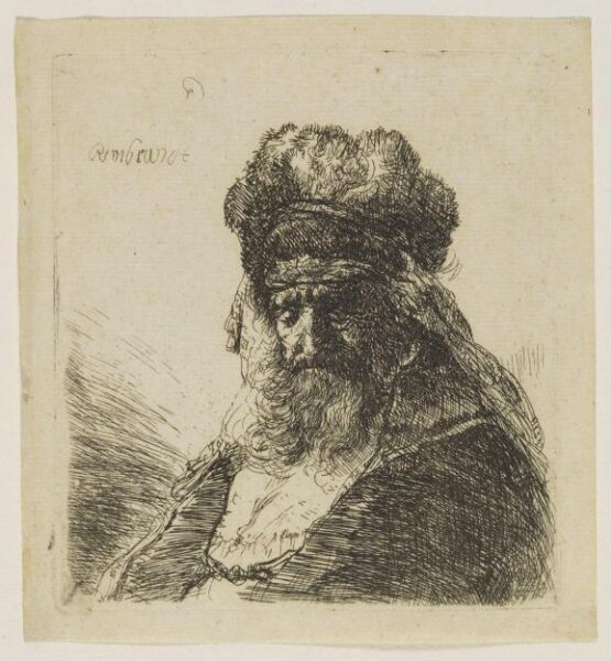 Rembrandt van Rijn, Old bearded man in a high fur cap, with eyes closed
