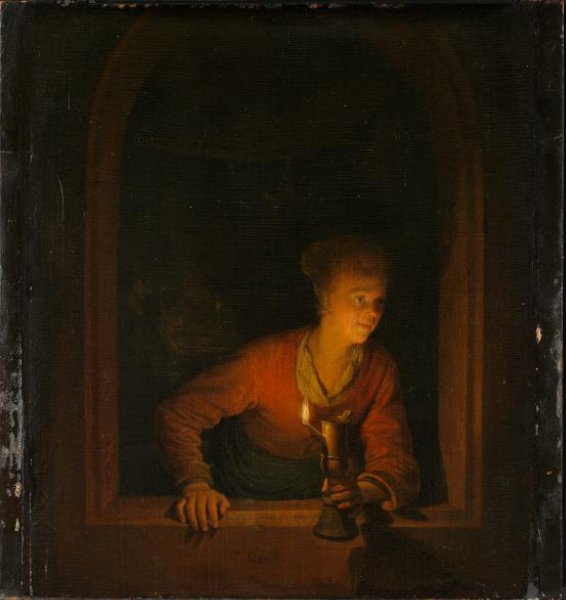 Gerrit Dou, Girl with an Oil Lamp at a Window