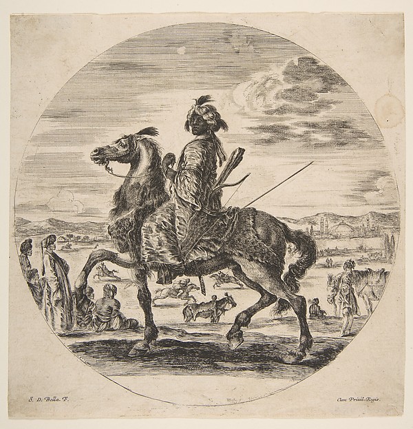 Stefano della Bella, A Moorish horseman facing the left, standing and seated Turks in the middle ground, and other horsemen in the background, from 'Figures on Horseback' (Cavaliers nègres, polonais et hongrois)
