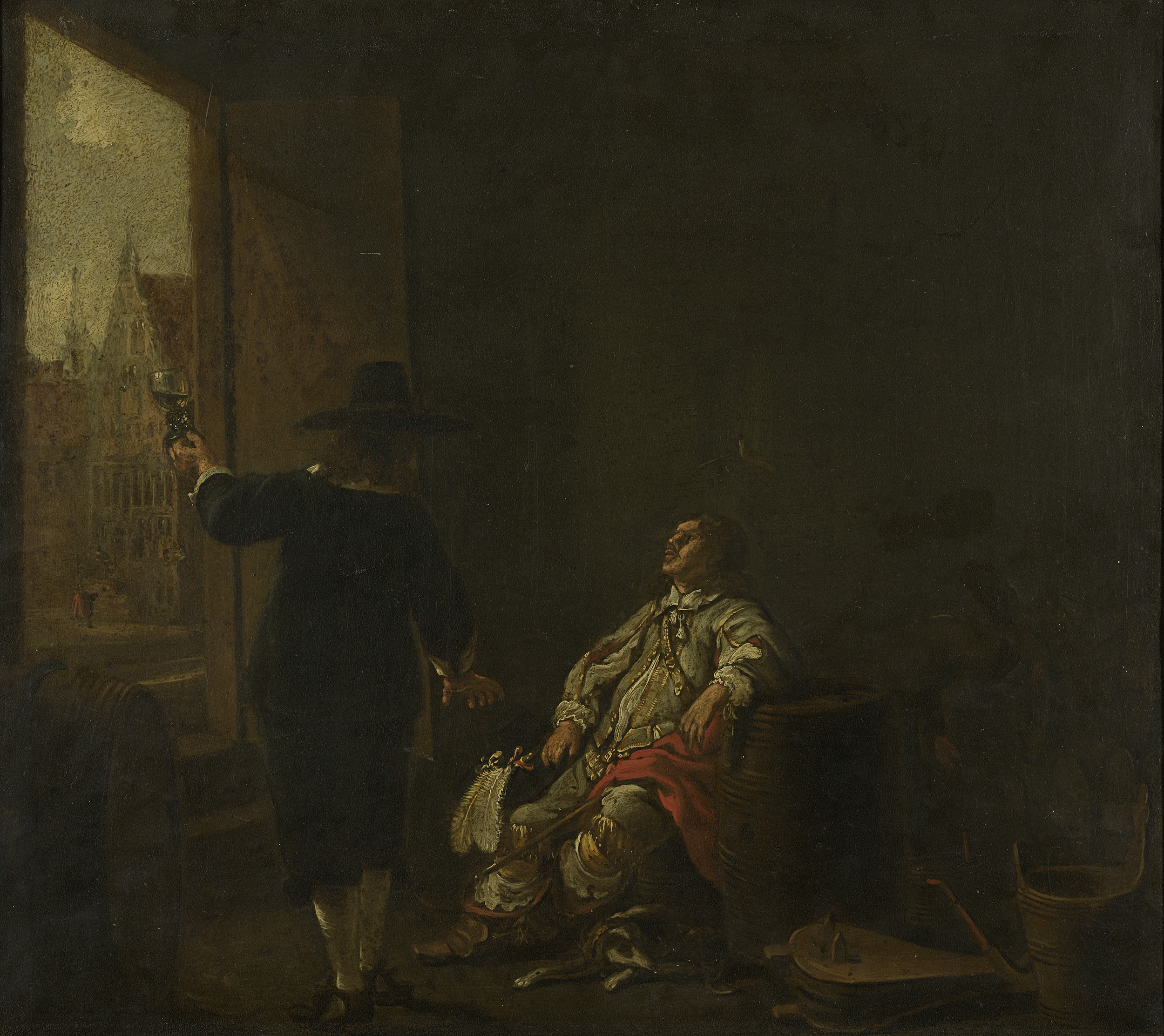 Aelbert Cuyp, Signboard of a wineshop: tasting the wine (one side); barreling the wine (other side)