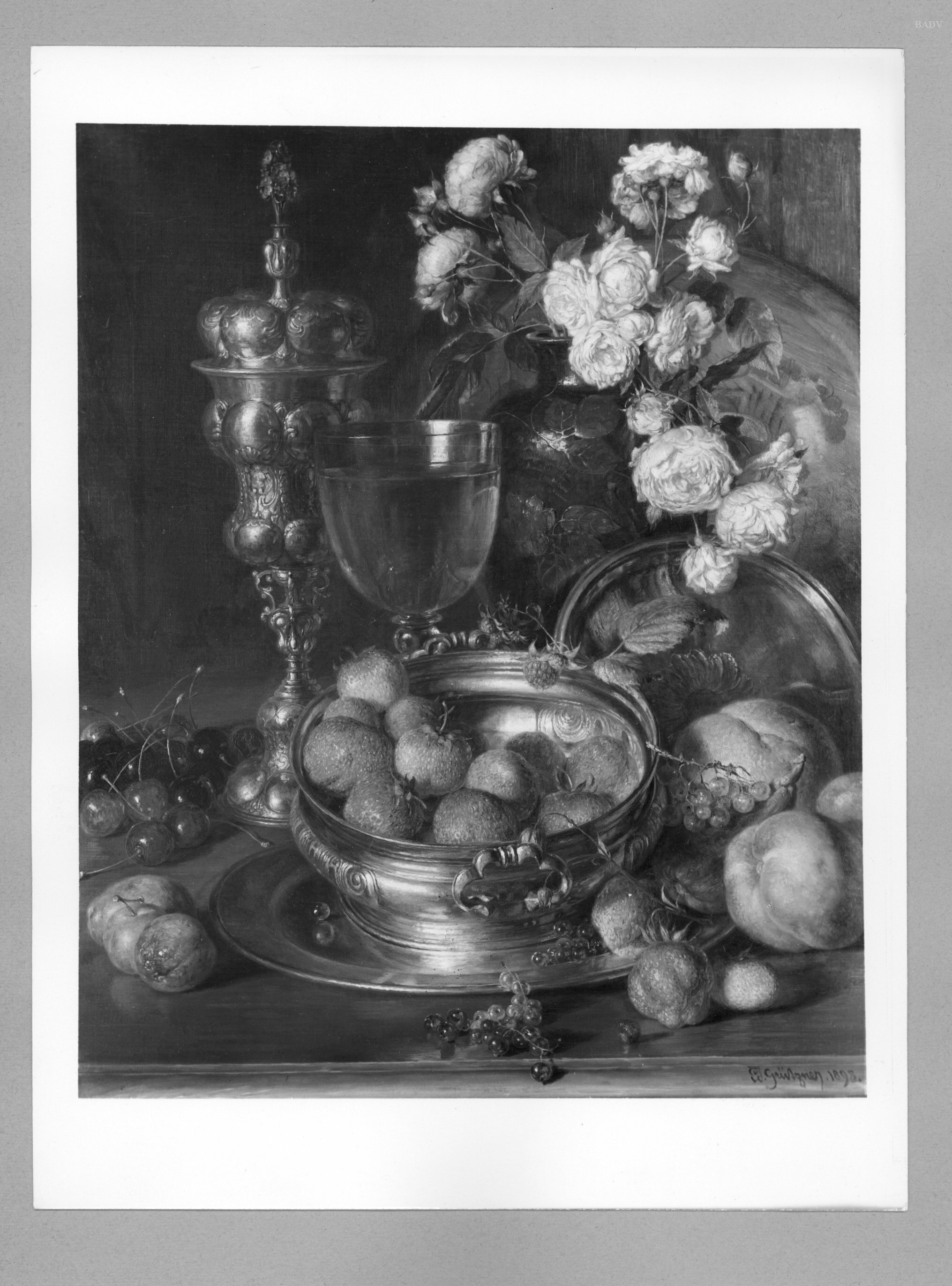 Eduard von Grützner, Stillleben mit Pokalen, Rosen und Früchten