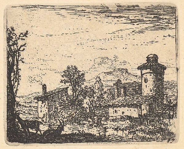 Karel Dujardin, Landscape with two horned goats in shadow at left foreground, village buildings beyond, from "The Small Landscapes"