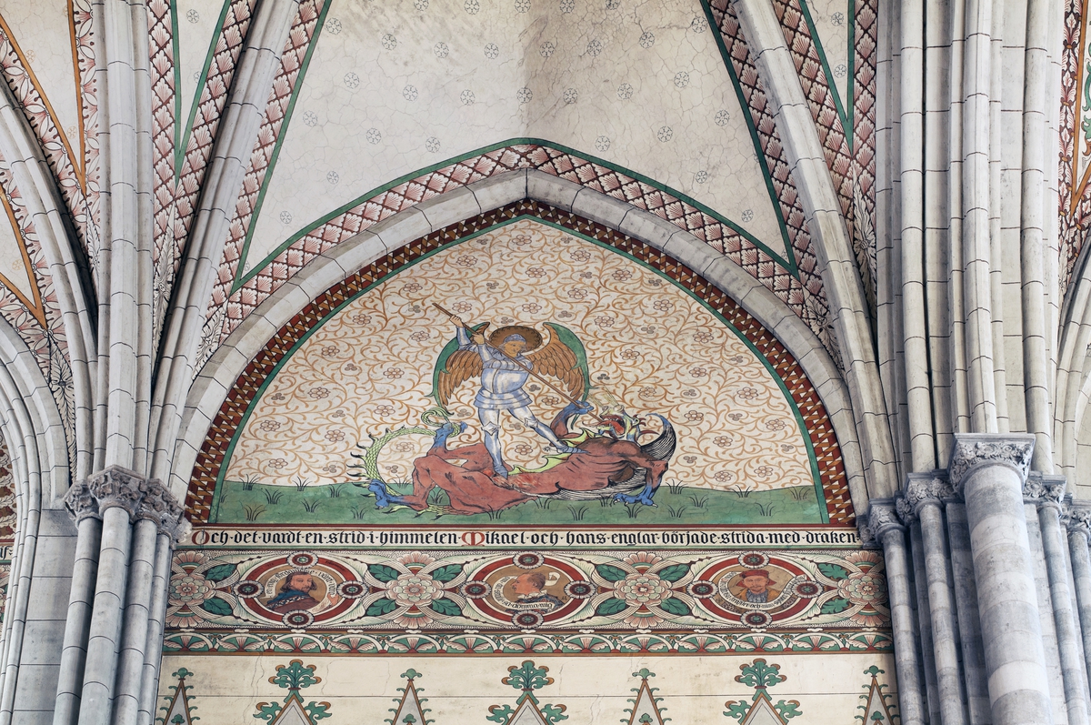 Olle Norling, Sankt Mikael och draken. Södra korsarmen (travé 50), västra väggen, Uppsala domkyrka, Uppsala 2013