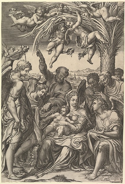 Giorgio Ghisi, Rest on the Flight into Egypt; the Holy Family under a palm tree surrounded by angels, putti, and a male cleric or saint