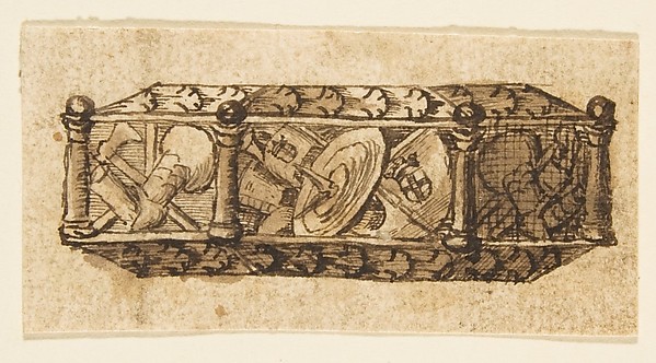 Anonymous, French, 19th century, Design for an Object (Casket?) Decorated with Armorial Trophies and Foliage