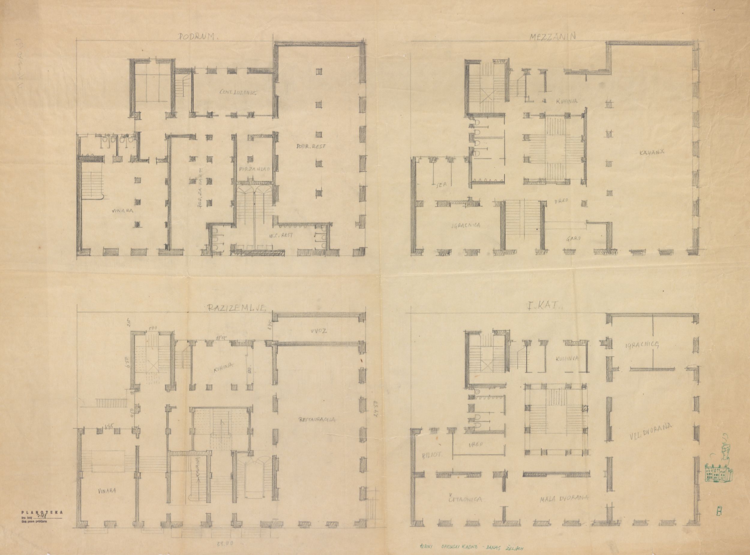 Hugo Ehrlich, Zgrada oficirskog doma s kasinom, tlocrti: 1. podrum, 2. prizemlje, 3. mezzanin, 4. prvi kat