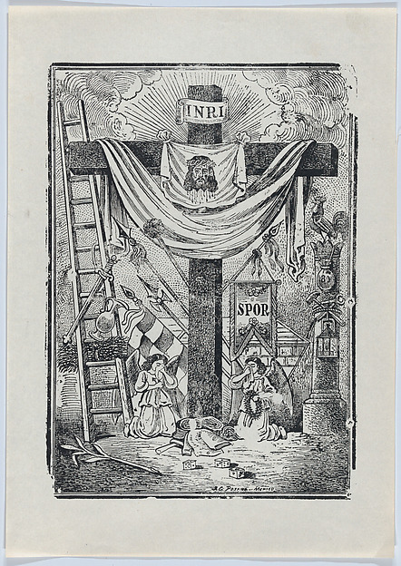 José Guadalupe Posada, The cross decorated with instruments of the passion of Christ, two weeping angels below