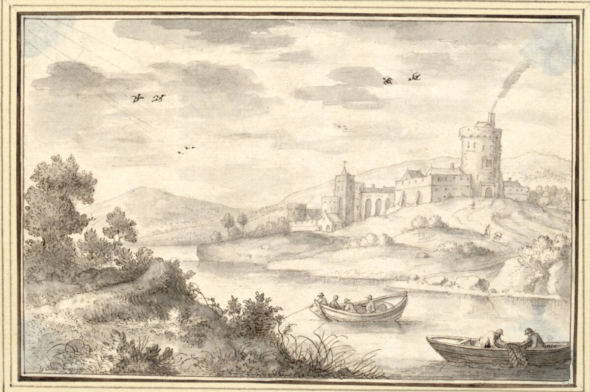 AlbertFlamen, Hügelige Flußlandschaft mit Burg (IV-35)