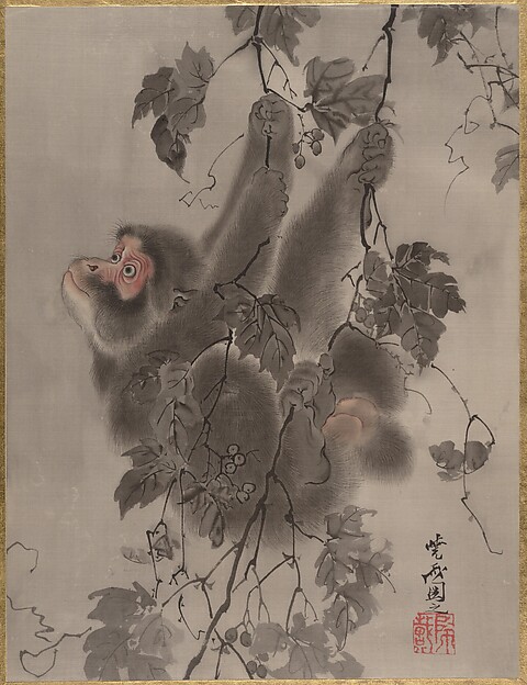 Kawanabe Kyōsai 河鍋暁斎, Monkey Hanging from Grapevines