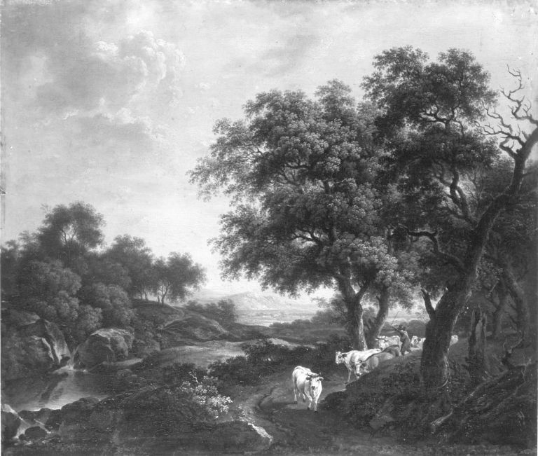 Ferdinand Kobell, Landschaft mit Hirt und Rindern auf einem Weg unter Bäumen