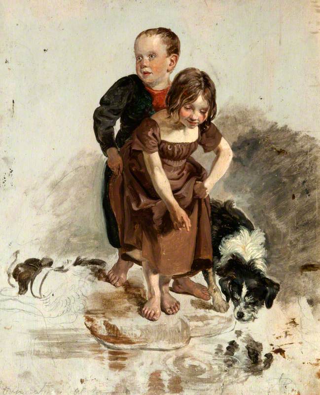 George Harvey, A Boy and a Girl with a Collie Dog Standing by a Stream (study for 'The Covenanters' Baptism')