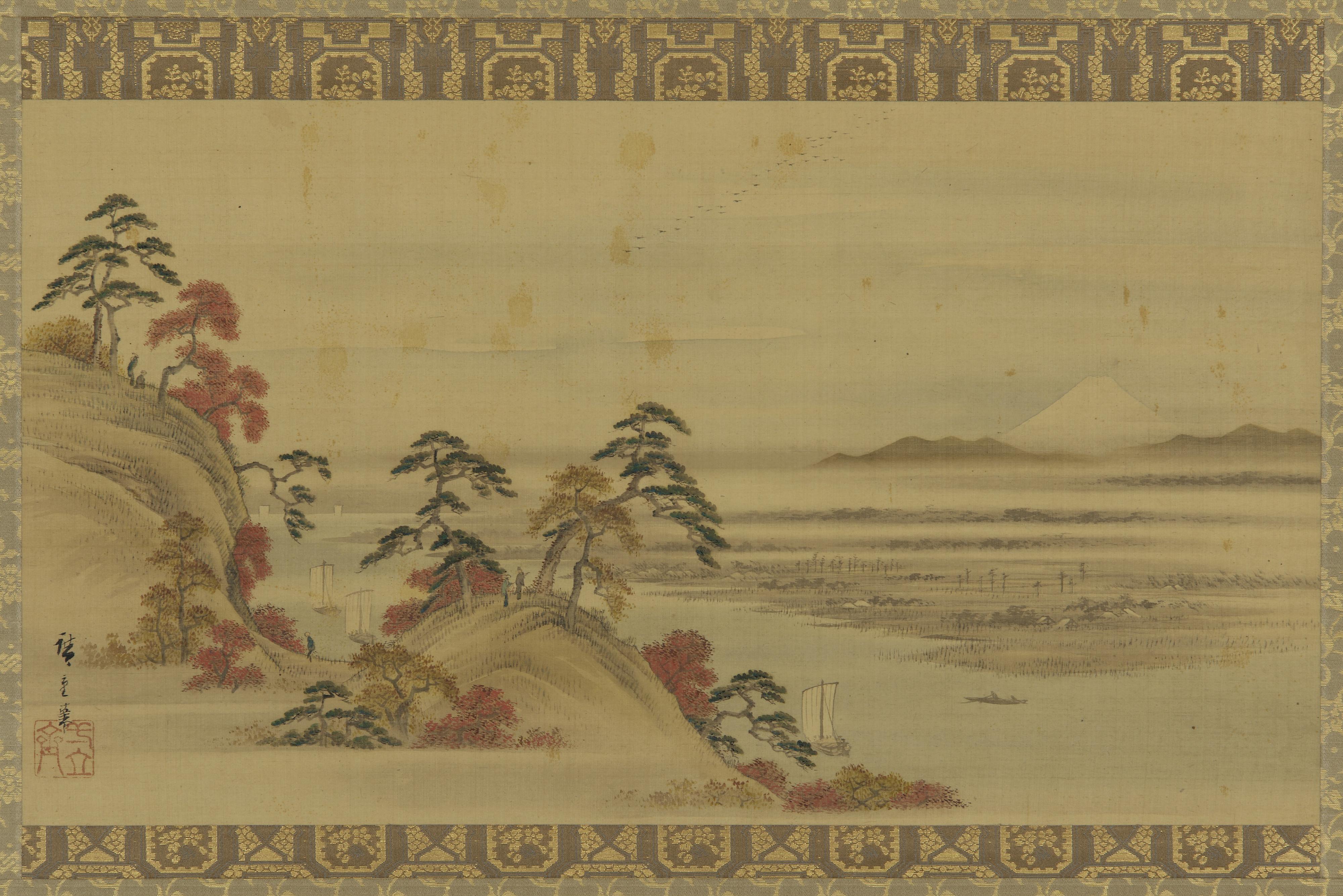 Utagawa Hiroshige II, River landscape: red foliage and Mount Fuji