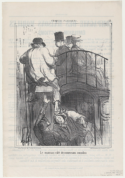 Honoré Daumier, Le mauvais côté des nouveaux omnibus, from Croquis Parisiens, published in Le Charivari, September 4, 1856