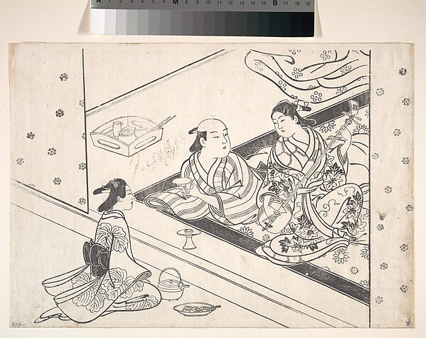 Nishikawa Sukenobu, Lady Playing Shamisen, with Her Lover and Attendant Nearby