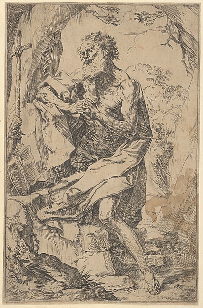 Guido Reni, Saint Jerome kneeling on a rock in front of a cross and an open book facing left