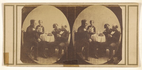 Unknown, [Three men and a small boy seated at a table, drinking]