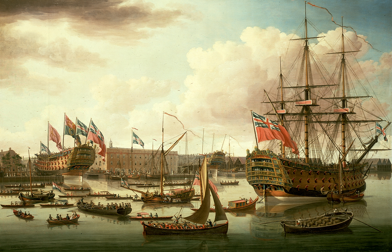 John Cleveley the Elder, The 'Royal George' at Deptford showing the launch of the 'Cambridge'