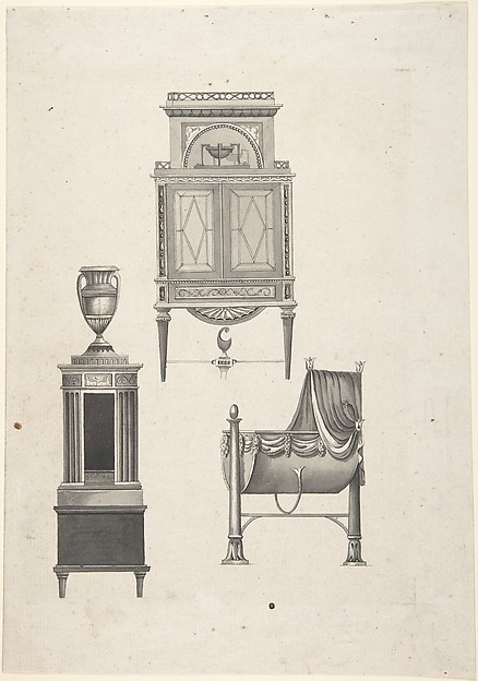 Anonymous, Design for furniture in a variation on the style of Thomas Sheraton, a desk or bookcase, a plate-warmer (?) pedestal, and a cradle