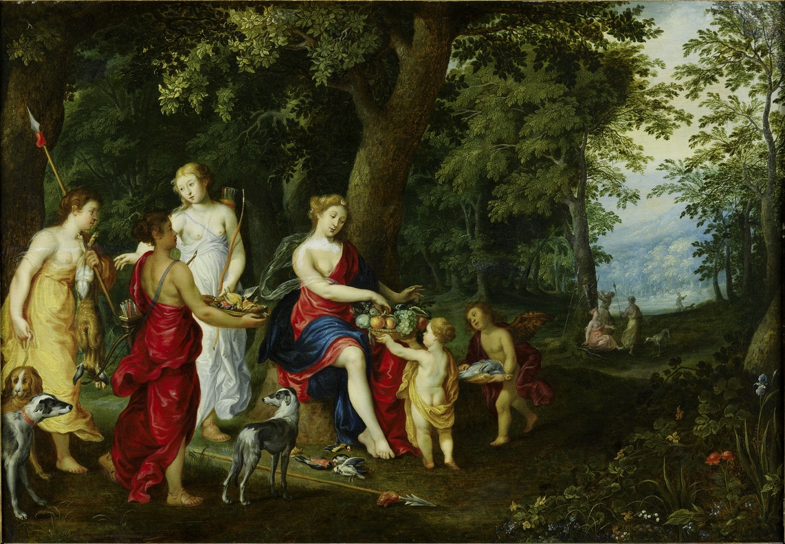 Hendrick van Balen the Elder, Forest-landscape: Diana with her women after the hunting