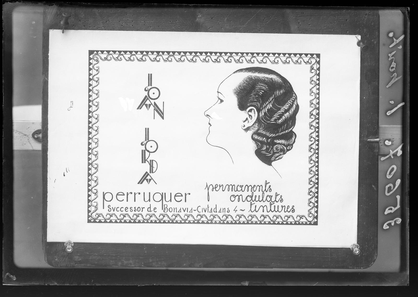 Desconegut, [Cartell publicitari de la perruqueria Joan Jordà]