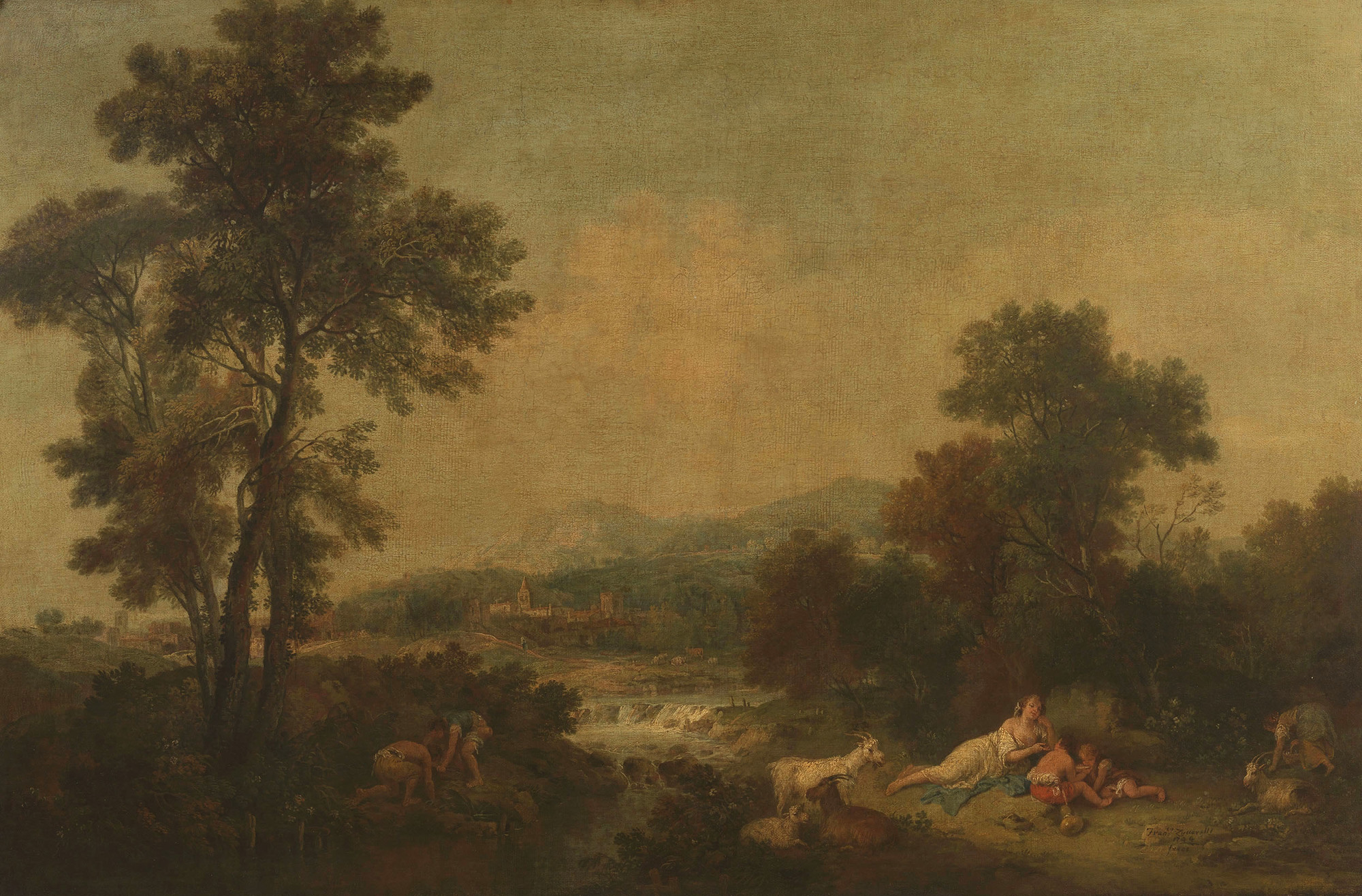 Francesco Zuccarelli, Landscape with a Stream and a Reclining Woman and Two Boys Beside Her