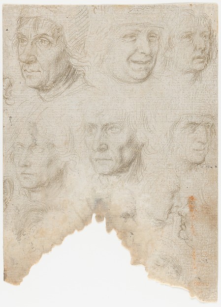 Gerard David, Studies of ten (?) heads and two ears (recto); Studies of three figures and a head (verso)