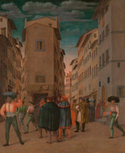 anonymous, Florentine Street Scene with Twelve Figures (Sheltering the Traveler, one of the Seven Works of Mercy)