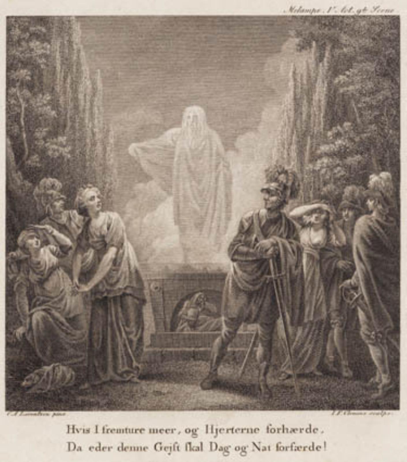 J.F. Clemens, Melampe. Hvis I fremture meer, og Hjerterne forhærde, Da eder denne Gejst skal Dag og Nat forfærde? Gravering efterLlorentzens Holberg Galleri.