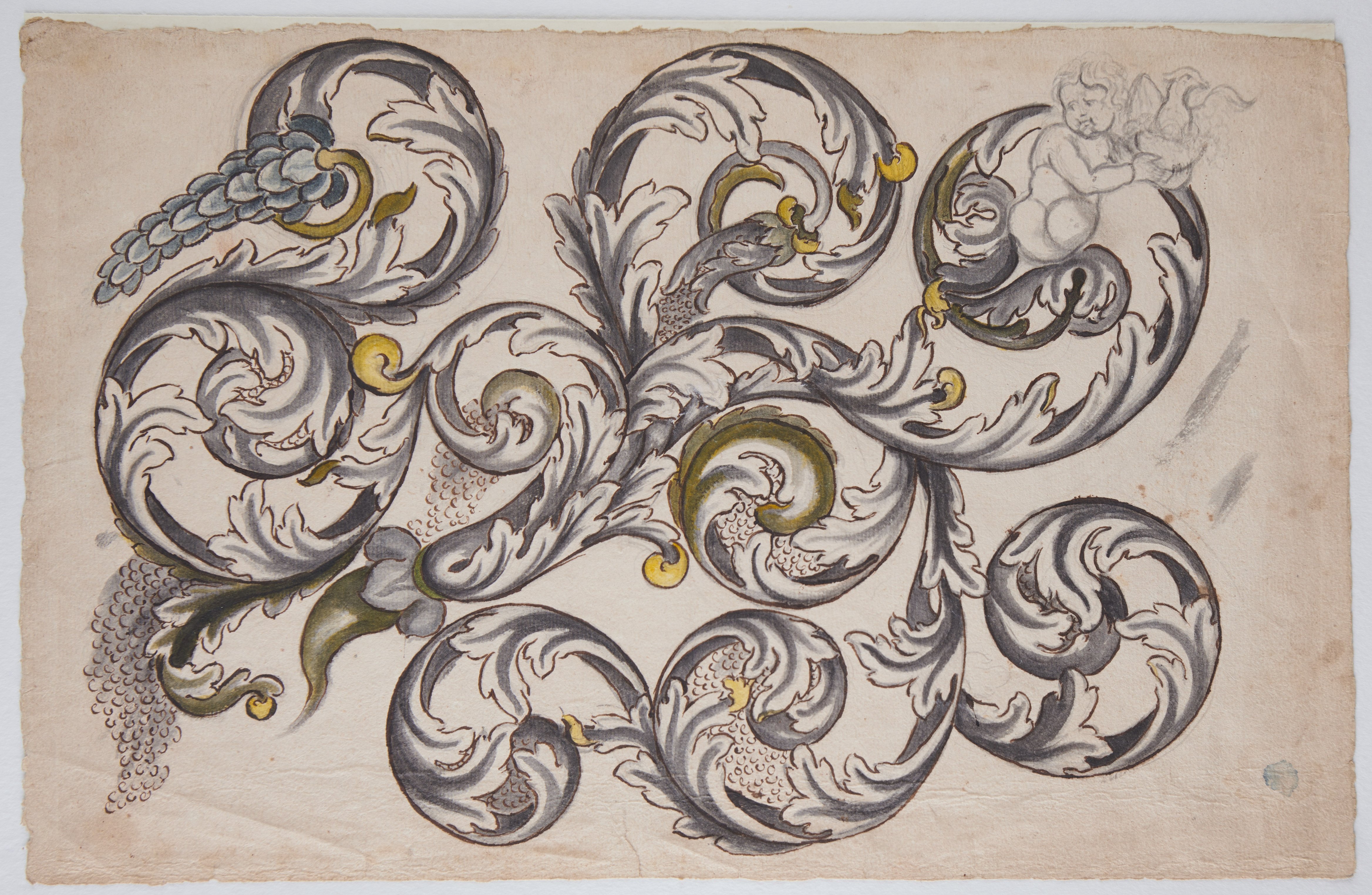 Unknown artist, Rankenornament mit Putto, Handzeichnung