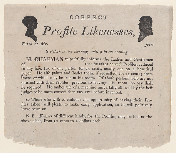 Anonymous, Advertisement for profile likenesses by Moses Chapman