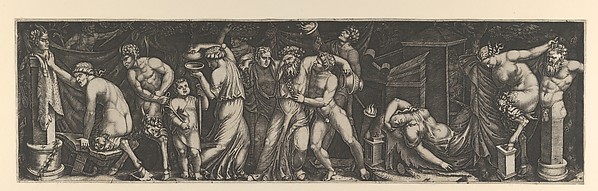Marcantonio Raimondi, A Bacchanal, Silenus supported by two bacchants in the centre, at right a female satyr reclining on a bed and another pulling the horns on a statue of Priapus, various other figures fill the composition