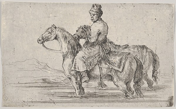 Stefano della Bella, A valet taking two horses to bathe, sitting atop one horse in a river, the other beside him to right