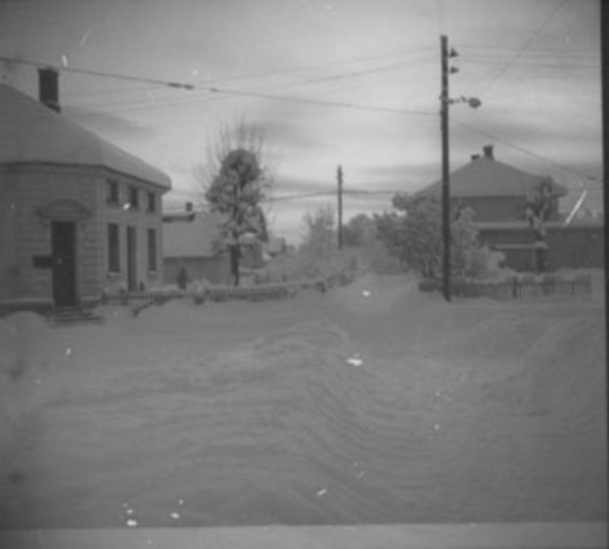 Anno Domkirkeodden, OVERSIKT STANGEBYEN, STORGATA. /SKOLEGATA. , OTTESTADGÅRDEN, THORESENGÅRDEN, VINTER, MYE SNØ,