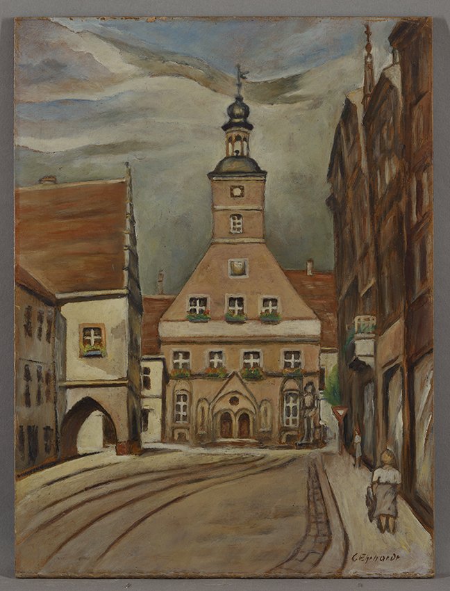 Curt Ehrhardt, Neustädtisches Rathaus und Kurfürstenhaus von der Steinstraße, wohl 1945-1949